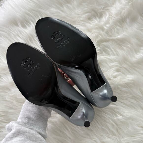 Stuart Weitzman | Women’s Silver Chantelle Chantilly Lace Leather Peep Toe Heels - Picture 4 of 14